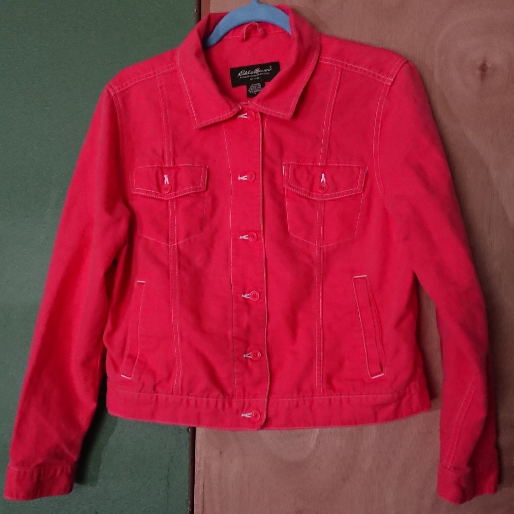 Eddie Bauer Linen Blend Trucker Jacket Sz L EUC